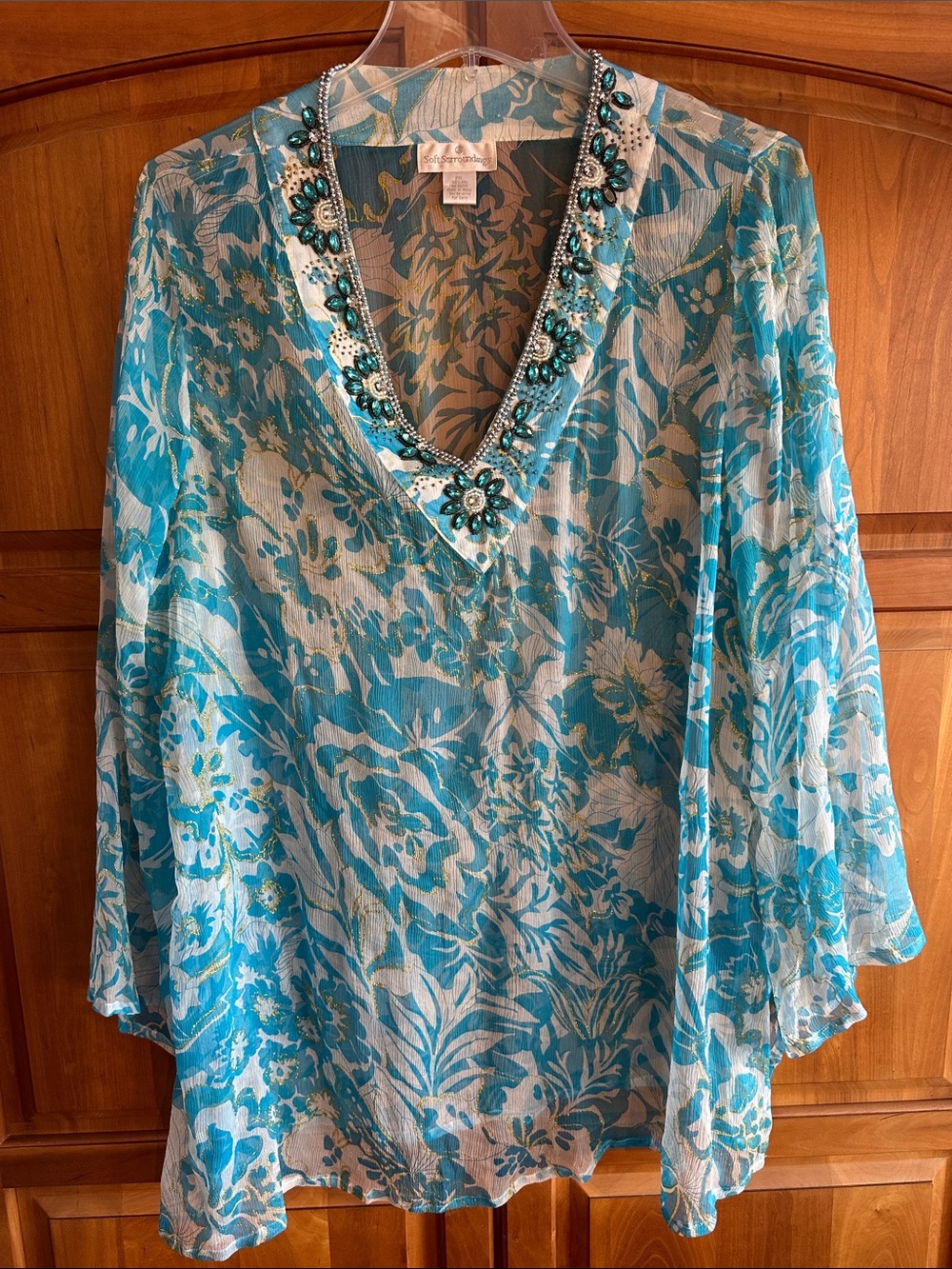 Soft Surroundings, Teal, White  & Gold Floral Design, Sheer Coverup/Tunic, 2XL